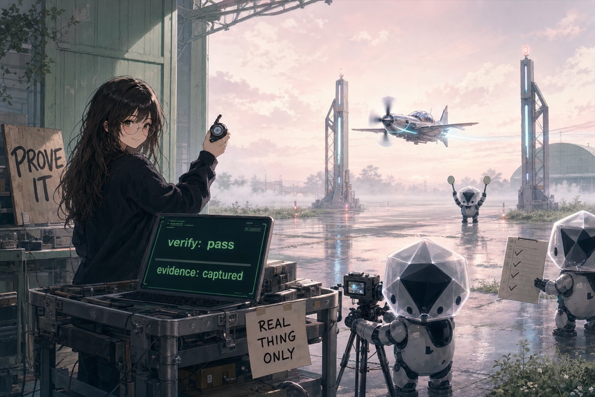A prototype plane flies a real test course while she times it with a stopwatch and robots film and checklist the run; the terminal reads verify: pass, evidence: captured.